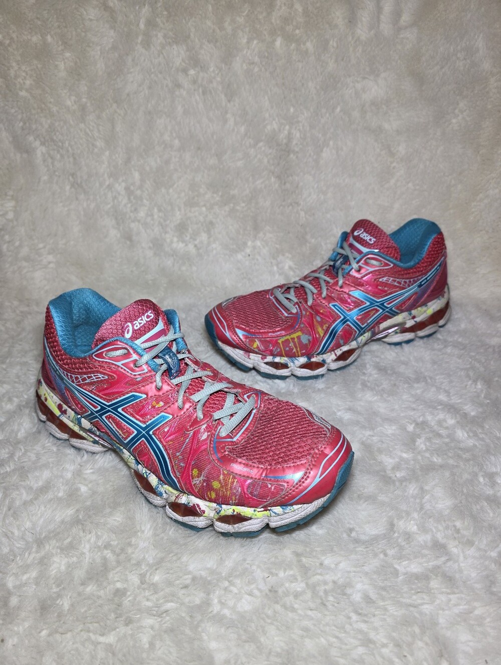 ASICS Gel-Nimbus 16 Paint Splatter Pink Blue Running Shoes Womens Size 9 T4L9N